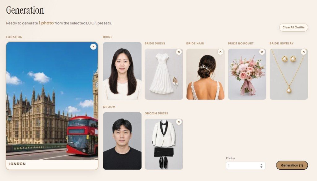 Prewedding real-location generation with bride and groom styling
