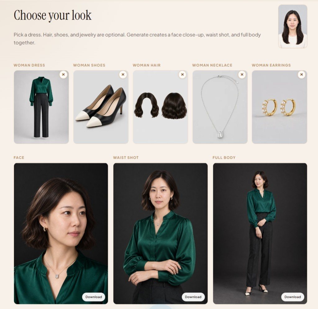 Solo Studio Shot styling and three generated portrait formats