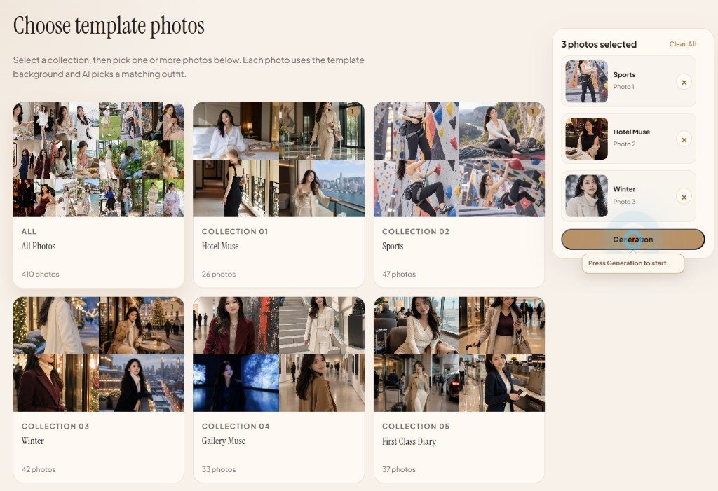 Template collections and selected photos ready for AI generation