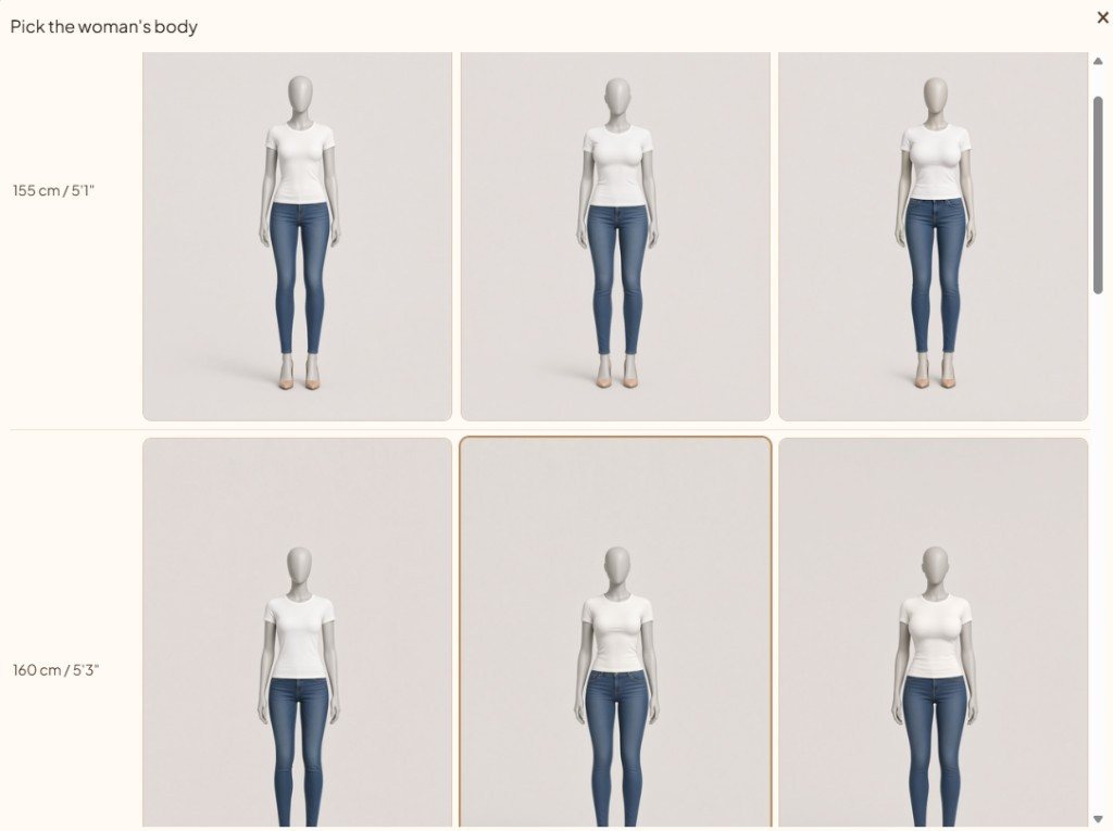 Body profile picker organized by height and body type