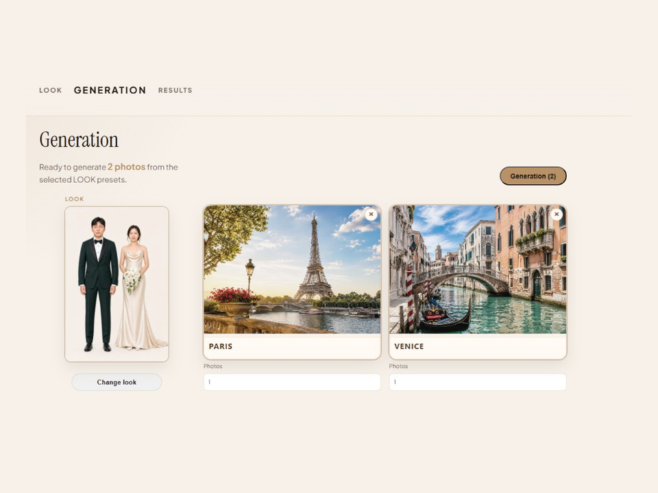 A saved prewedding LOOK ready to generate at two real photo spots